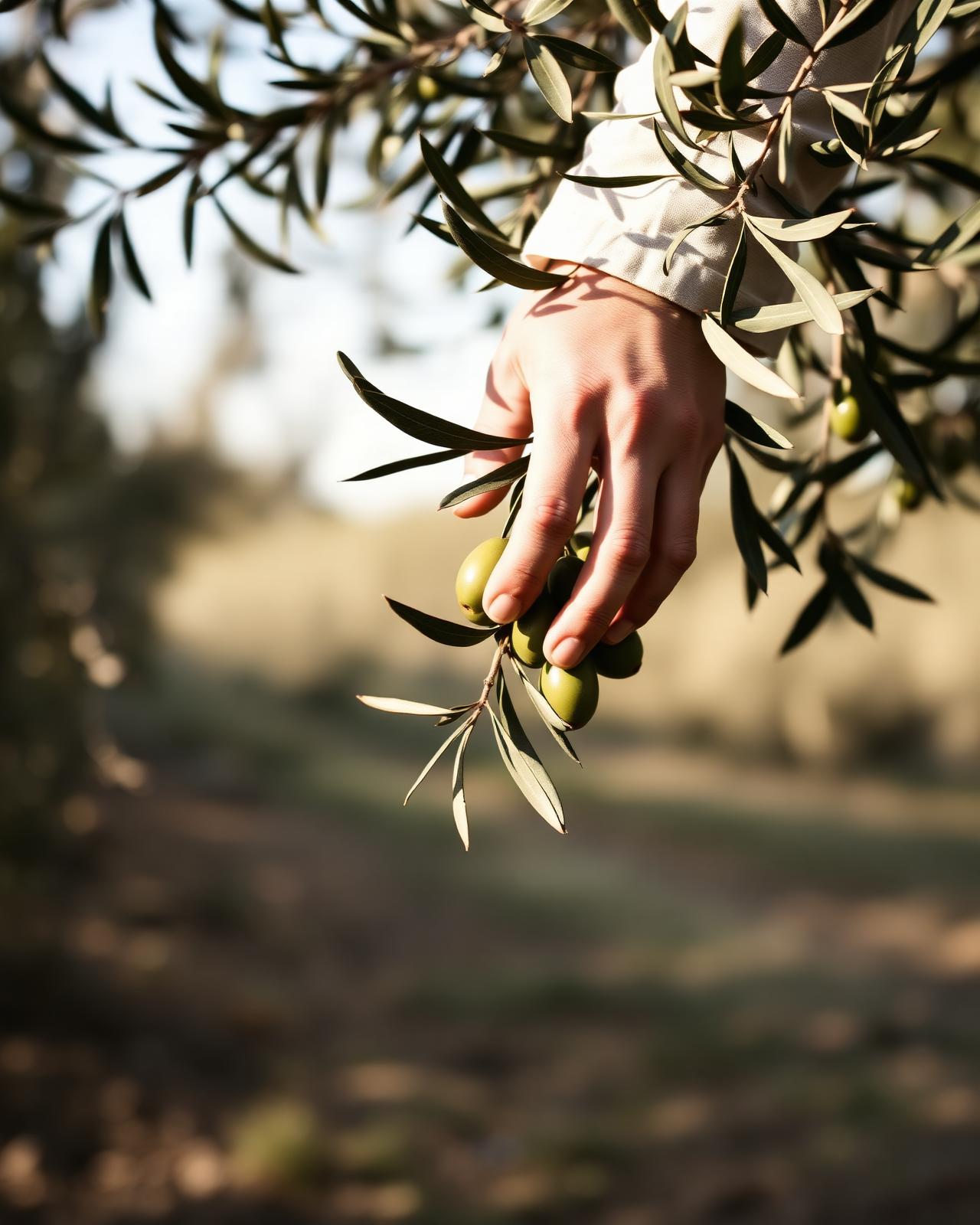 Hands tending an olive branch in an Alentejo grove