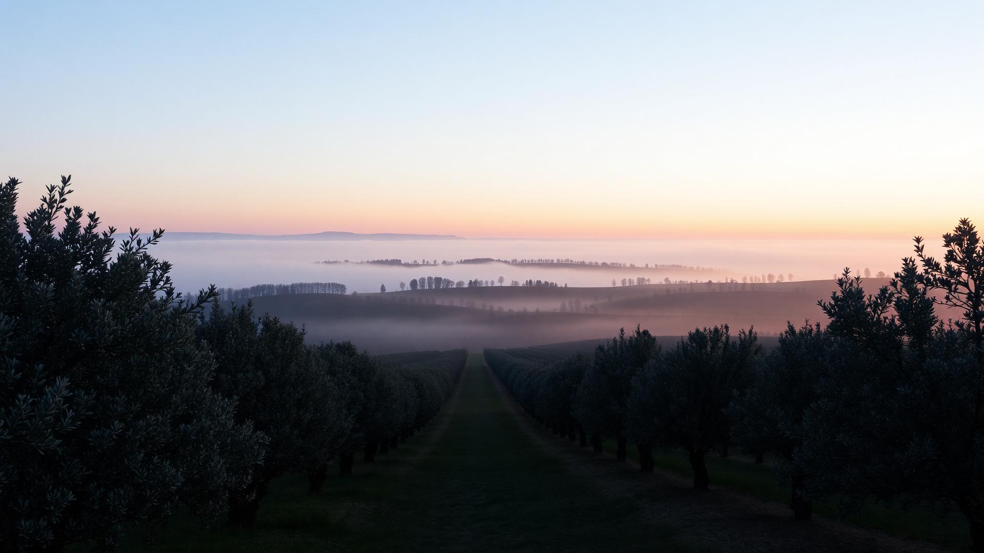 Alentejo landscape at dawn with mist over rolling olive groves