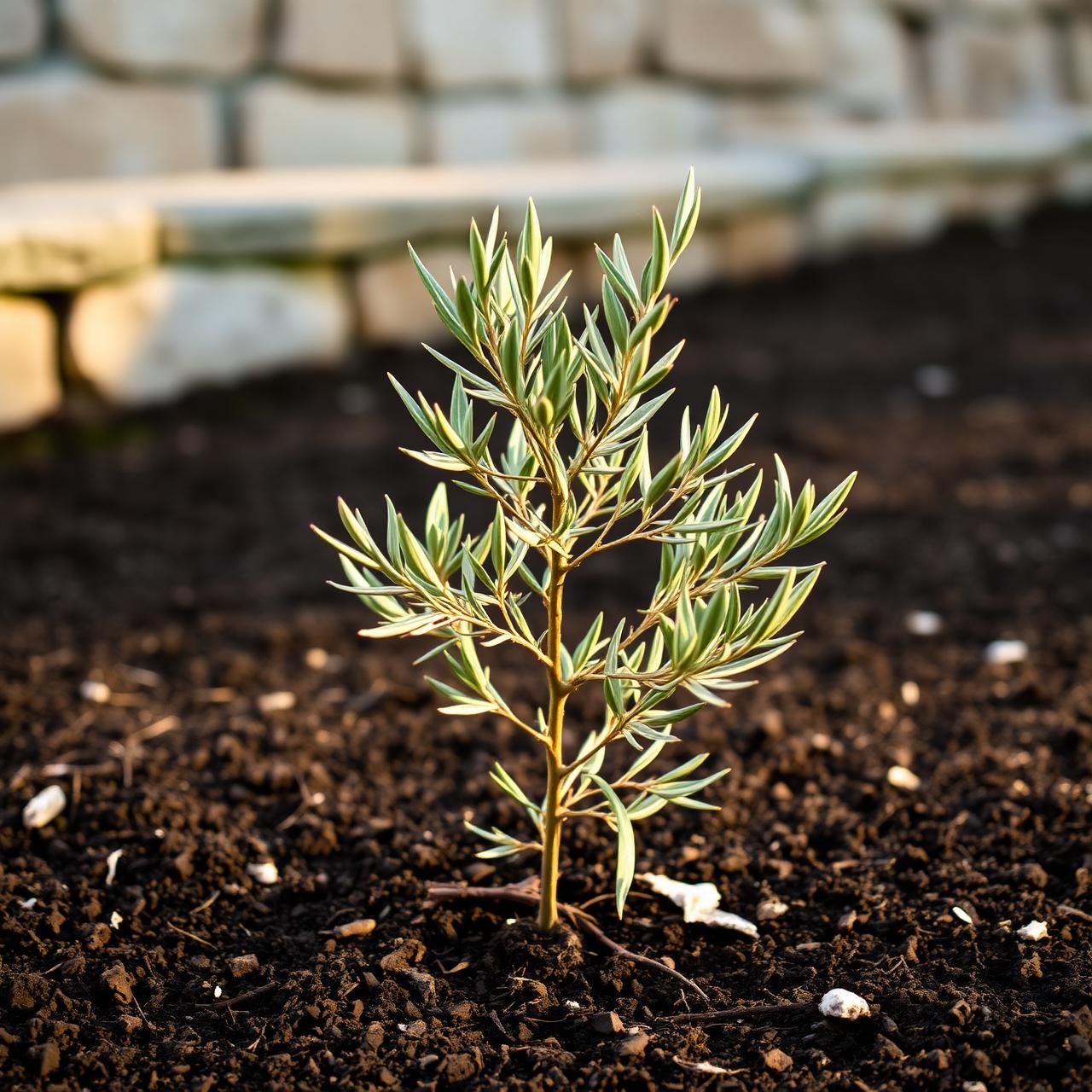 Young olive sapling in Portuguese soil beside stone terrace